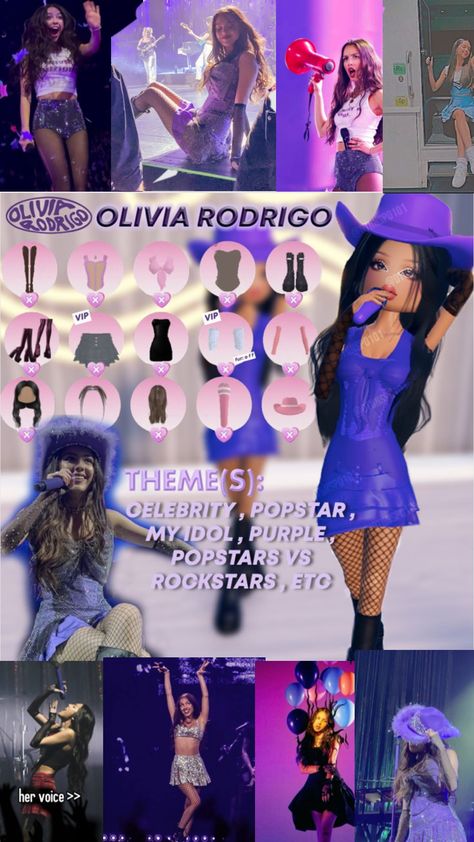 DTI Olivia Rodrigo Oliva Rodrigo Outfits Ideas, Olivia Rodrigo Dress To Impress, Olivia Rodrigo, Pop Star, Dress To Impress, Celebrities, Purple, Quick Saves