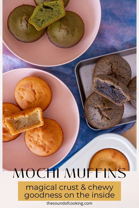 easy mochi muffin (cupcakes) with a magical crust • The Sound of Cooking M M Recipes Desserts, Sweet Rice Flour Recipes Desserts, Mochi Flour Recipes, Peanut Butter Mochi Recipe, Mochiko Flour Recipes, Sweet Potato Mochi Recipe, Glutinous Rice Flour Recipes, Gluten Free Mochi, Mochi Cookie Recipe