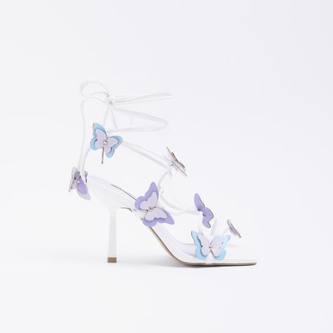 Checkout this White 3D Butterfly Strappy Heeled Sandals from River Island Butterfly Heels, Flower Heels, Simple Fall Outfits, Prom Heels, 3d Butterfly, Prom Designs, Fancy Shoes, 3d Butterflies, Design Square