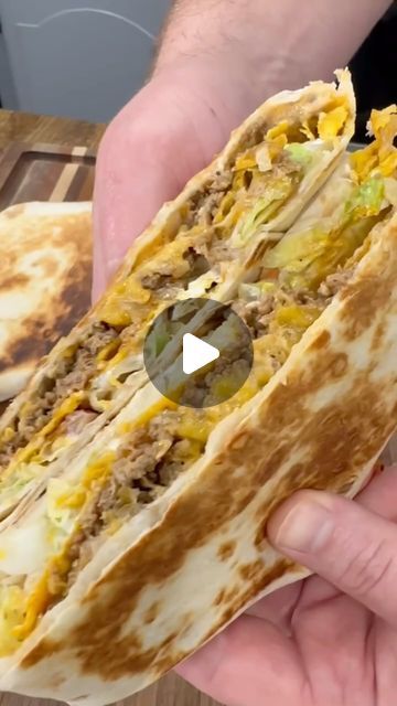 Luke Brown on Instagram: "Cool Ranch Dorito Crunch Wraps are an easy weeknight dinner! 

Recipe
1 lb of ground beef
1 chopped onion
1/2 tsp salt and pepper 
2 tsp chili powder
1 tsp each of cumin and dried cilantro
1/2 cup water 
XL burrito size tortillas 
Cool ranch Doritos (or tostadas) 
Shredded cheddar cheese 
Taco Bell Creamy Spicy Ranchero Sauce 
Sour cream
Shredded lettuce 
Tomatoes 
Taco sauce 

Steps
Cook ground beef and chopped onion until browned. Drain grease and season with taco seasoning. Add 1/2 cup of water and let simmer until liquid reduces. 

Lay out an XL burrito size tortilla. Add Ranchero sauce, shredded cheese, and a scoop of the ground beef. Add cool ranch Doritos on top. 
Add sour cream, shredded lettuce, and diced tomatoes. 

Fold the sides up and put in a skillet Cool Ranch Doritos, Ranchero Sauce, Dried Cilantro, Luke Brown, Cheese Taco, Drying Cilantro, Crunch Wrap, Cheese Tacos, Taco Sauce