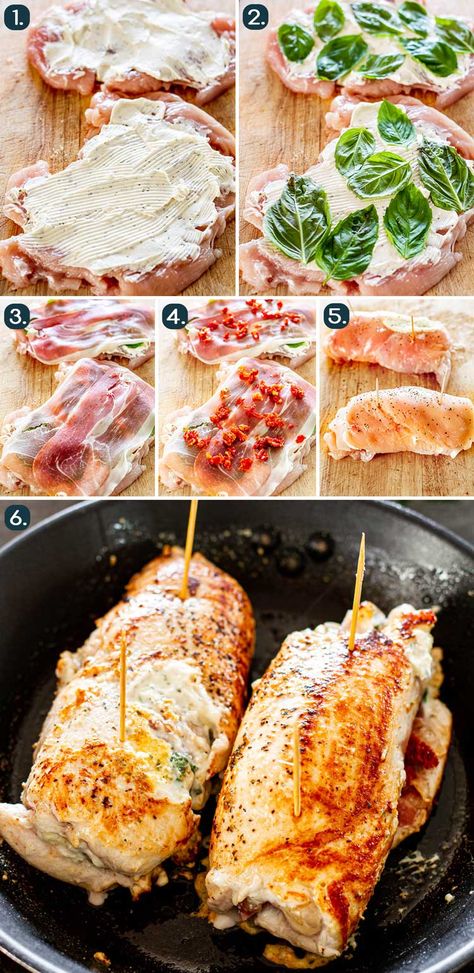 These Stuffed Chicken Breasts  are an impressive dish for a Sunday night dinner or a Holiday. These breasts are stuffed with cheese, prosciutto, basil and sun dried tomatoes. Totally delicious chicken rolls with a surprise filling. #cheese #prosciutto #stuffed #chickenbreasts Prosciutto Stuffed Chicken, Rolled Chicken Breast, Baked Stuffed Chicken, Sunday Night Dinner, Prosciutto Recipes, Stuffed Chicken Breasts, Chicken Kiev, Cheese Stuffed Chicken, Chicken Entrees