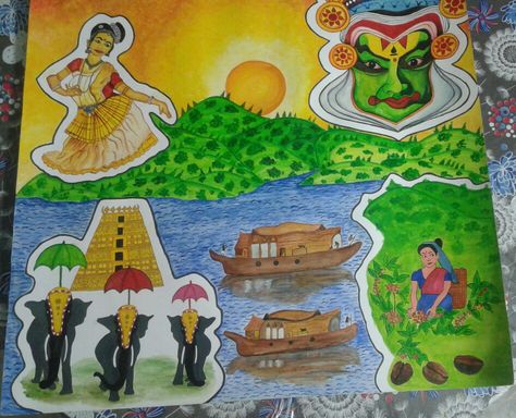 Kerala's cultural painting by me. Water colour painting... Kerala Piravi Drawings, Keralapiravi Images, Kerala Culture, Based Drawing, Kerala Mural Painting, Famous Monuments, Colour Painting, Scenery Paintings, Poster Drawing