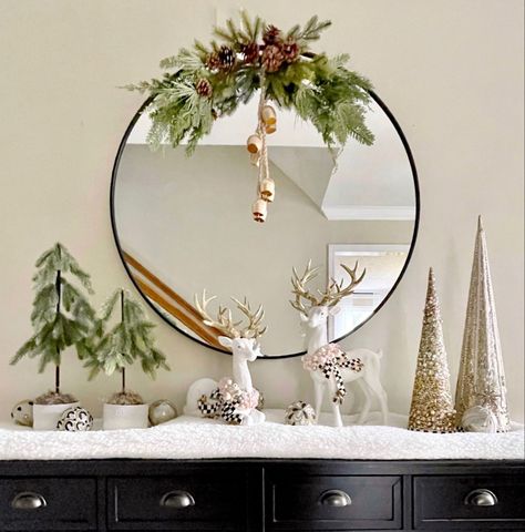 Console table with neutal christmas decor Christmas Decoration Console Table, Simple Entryway Christmas Decor, Christmas Decor On Entry Table, Christmas Decor Ideas With Mirrors, Christmas Decor On Round Table, Christmas Decor Ideas Buffet Table, Christmas Decor On Console Table, Christmas Decorations Console Table, Christmas Decor For Sideboard