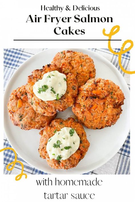 Air Fryer Salmon Cakes are so much tastier than pan fried. These cakes are full of scrumptious ingredients that make them a family favorite. Easy recipe and easy clean up! Air Fryer Salmon Cakes, Best Air Fryer Salmon, Healthy Salmon Cakes, Air Fryer Recipes Salmon, Salmon Cake, Salmon Cakes Recipe, Air Fryer Recipes Snacks, Seafood Plates, Air Fryer Salmon