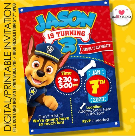 Skye Paw, Chase Paw Patrol, Paw Patrol Birthday, Advice Cards, Digital Invitation, Printable Invitations, Digital Invitations, 3rd Birthday, Birthday Theme