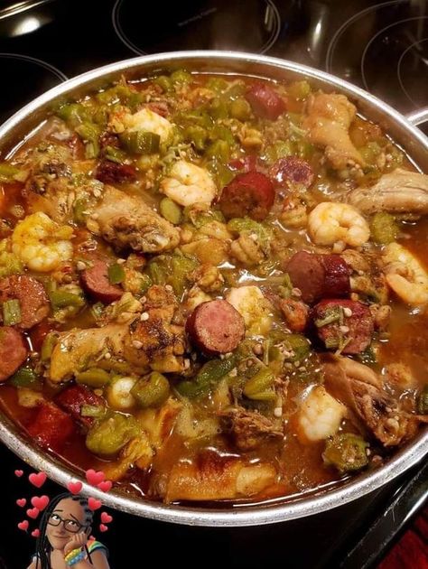 Louisiana Cajun Cooking And Recipes | Okra stew  | Facebook Shrimp And Crawfish, Sausage Shrimp, Okra Stew, Stew Chicken, Shrimp Sausage, Louisiana Cajun, Cajun Cooking, Wine Connoisseur, Green Peppers