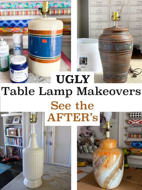 Check out how these 4 old and ugly table lamps look after getting a trendy new makeover so they look like they came from a high end home decorating catalog. Lamp Makeover Ideas, Diy Table Lamp Ideas, Refurbished Lamps, Easy Diy Table, Thrift Store Lamp Makeover, Lamp Redo, Life Budget, Table Lamp Ideas, Eclectic Diy