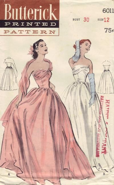 1950s Ball Gown, Vintage Fashion Sketches, Strapless Ball Gown, Patron Vintage, Chiffon Cardigan, Strapless Evening Gowns, Ball Gown Dress, Diy Vetement, Vintage Dress Patterns