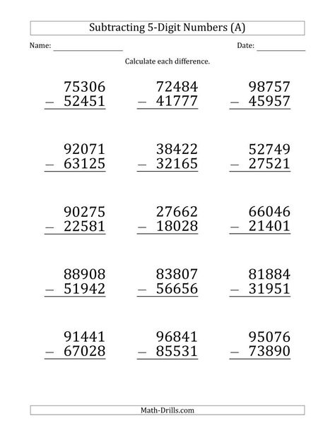 The Large Print 5-Digit Minus 5-Digit Subtraction (A) Math Worksheet from the Subtraction Worksheets Page at Math-Drills.com. 5 Digit Subtraction Worksheets, 5 Digit Addition Worksheets, Division Grade 5 Math Worksheets, Subtraction Worksheets Grade 3, Grade 5 Math, Math Subtraction Worksheets, Grade 5 Math Worksheets, Math Division Worksheets, Basic Subtraction