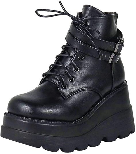 Amazon.com | CELNEPHO Chunky Platform Boots for Women, Square Toe Lace up Zip High Heel Combat Wedge Ankle Boots Black | Ankle & Bootie Dr. Martins, High Heel Combat Boots, Goth Platform Boots, Shoes Sneakers High Tops, Heel Combat Boots, Chunky Platform Boots, Goth Shoes, Platform Boots Women, Goth Boots