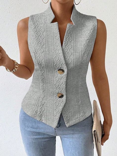 French Style Solid Color Jacquard Vest Jacket Grey Elegant  Sleeveless Fabric Plain vest Non-Stretch  Women Plus Clothing, size features are:Bust: ,Length: ,Sleeve Length: Plus Size French Style, Plain Vest, Modest Casual Outfits, Plus Size Suits, Style Français, Plus Size Blazer, Stylish Work Attire, Girls Vest, Trendy Fashion Tops