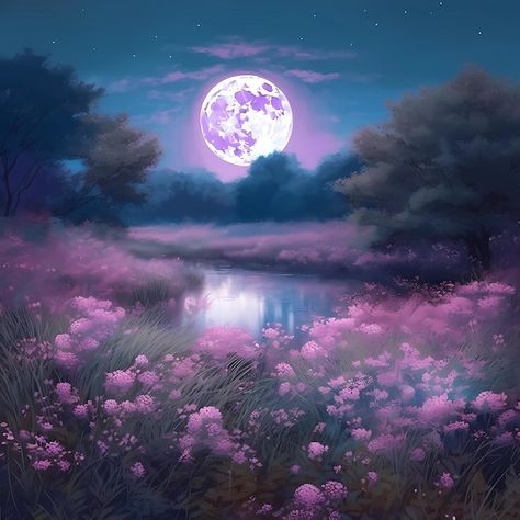 A pink moon is shining over a field of f... | Premium Photo #Freepik #photo #illustrations #atmosphere #nature-illustration Flowers In Moonlight, Facebook Profile Photo, A Field Of Flowers, Grassy Field, Moon Drawing, Field Of Flowers, Pink Moon, Night Painting, Moon Flower