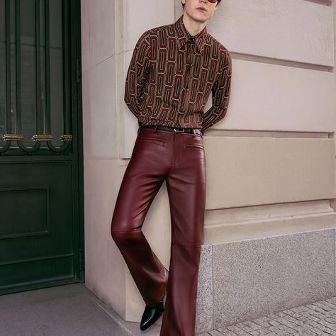 Men's Burgundy Red Leather Flare Bell Bottom Trousers ‐ Phix Mens Red Leather Pants, Burgundy Trousers Outfit, Burgundy Pants Outfit, Trousers Outfit Casual, Burgundy Trousers, Red Leather Pants, Pant Outfits, Bell Bottom Trousers, Maroon Pants