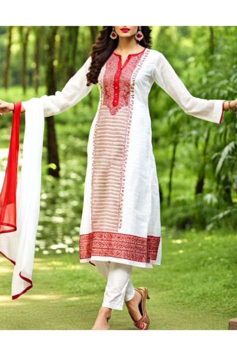 White with red kurti design idea for girls and women Kurti Designs Latest White Color, White Straight Kurti Designs, White Less Design Kurti, White Long Kurtas For Women, Red And White Kurti Design, Red Kurti Design, Red Kurti, Kurti Design, Kurti Designs