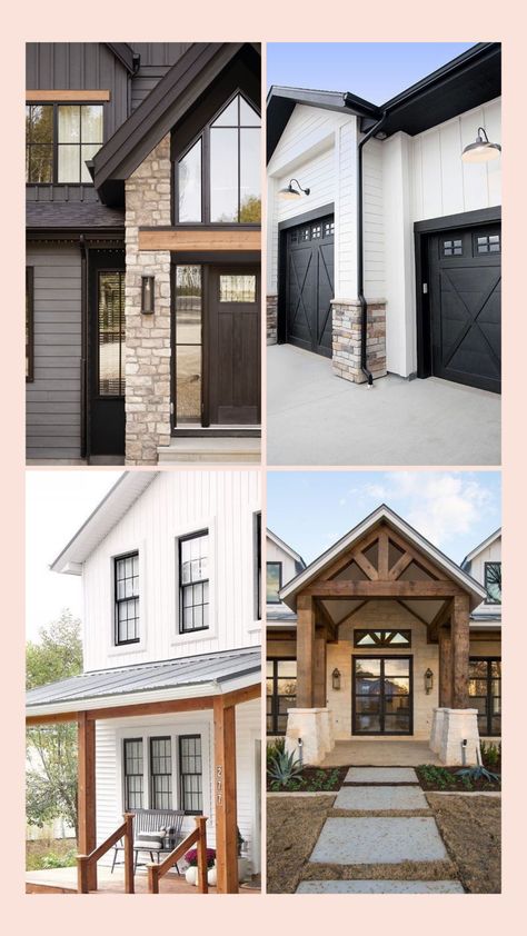 15 GENIUS MODERN FARMHOUSE EXTERIORS - Nikki's Plate Brick And Stone Exterior Combinations Farmhouse, White And Black Exterior House, Transitional Farmhouse Exterior, Mixed Siding Exterior, Brick And Stone Exterior Combinations, Black Farmhouse Exterior, Black And White House Exterior, Metal Siding House, Decorating A Farmhouse