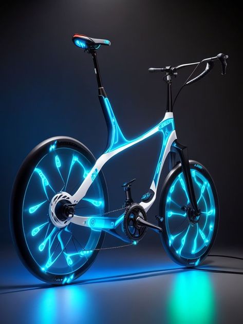 Image of a bioluminescent futuristic bicycle concept, showcasing its vibrant LED lighting elements. Futuristic Bicycle, Futuristic Bike, Neon District, Advance Technology, Stunning Aesthetic, Bicycle Ride, Bike Lane, Cool Bicycles, Dream City