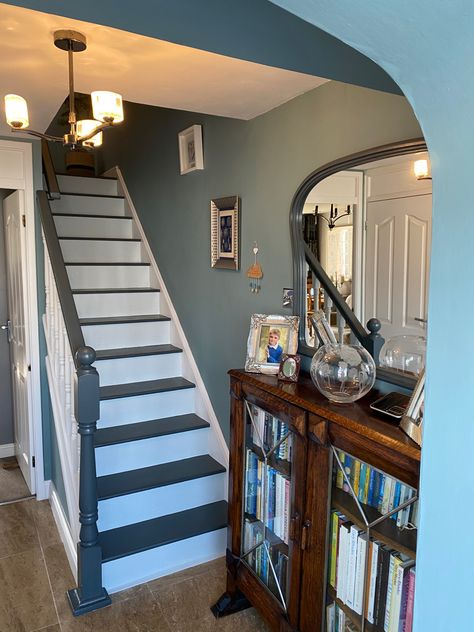 Hallway decorated in oval room blue, with downpipe treads and borrowed light risers. The white woodwoork is wevet, also farrow and ball. Farrow And Ball Oval Room, Farrow And Ball Hallway, Farrow And Ball Living Room, Cottage Hallway, Blue Hallway, Hall Colour, Borrowed Light, Oval Room Blue, White Stairs