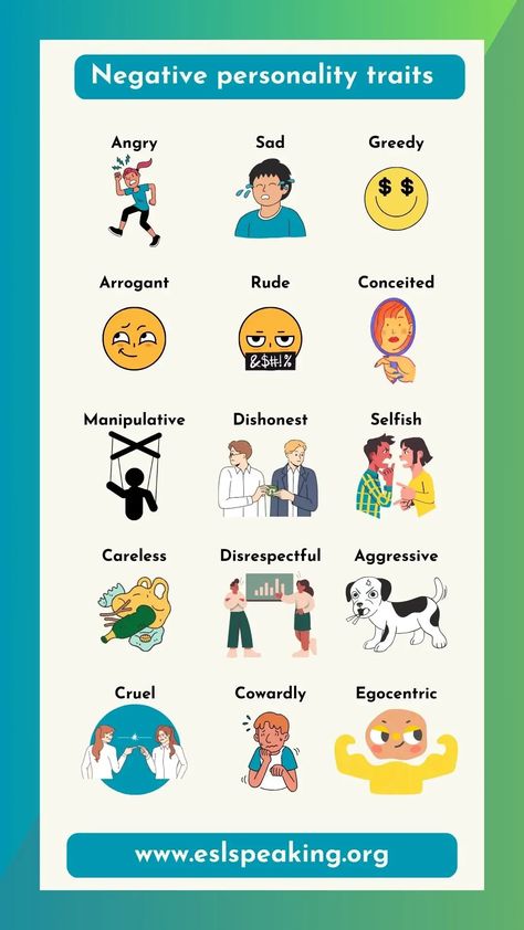 Check out this list of negative personality traits. #english #learningenglish #learnenglish #esl #efl #tefl #education #vocab #vocabulary #englishvocab #englishvocabulary #toefl #toeic #ielts #personality Bad Character Traits, Toefl Preparation, Personality Traits List, Negative Character, Negative Character Traits, Toefl Vocabulary, Character Traits List, Negative Personality Traits, Bad Character