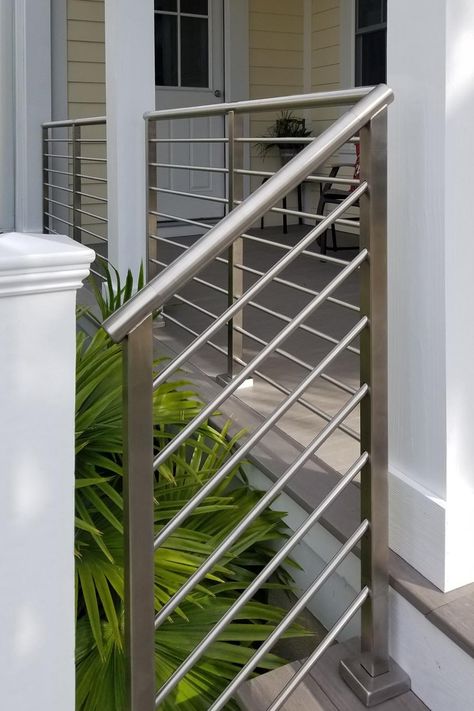 Front Porch Stairs with Railing Porch Stair Railing, Rod Railing, Front Porch Stairs, Exterior Stair Railing, Porch Handrails, Exterior Handrail, Metal Stair Railing, Outdoor Handrail, Front Porch Railings