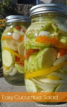 Easy summer cucumber salad mixed with bell peppers, onions, and vinegar dressing. No canning required...this salad can be stored in your refrigerator for several months! Cucumber Salad Canning Recipes, Cucumber Recipes For Canning, Canning Cucumber Salad, Cucumber Canning Ideas, Canning Cucumber Salad Recipes, Cucumber Canning Recipes, Canning Cucumbers, Summer Cucumber Salad, Canning Veggies