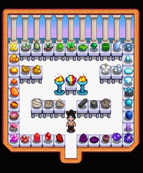 My Own Personal Gem & Mineral Museum ♡ >Stardew Valley>Shed Design Layout>Gunther>Collection>Shrine>By: LadyAmalthea Stardew Farms, Greenhouse Design, Stardew Valley Layout, Stardew Valley Tips, Stardew Valley Farms, Museum Interior, Museum Design, Farm Layout, Diy Greenhouse