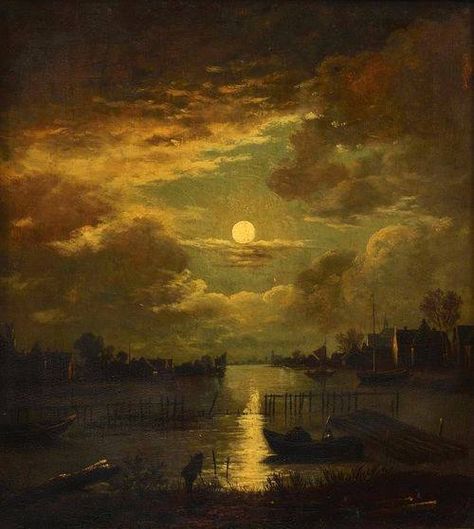 Unknown Artist -style of Aert van der Neer Maurice Sapiro, Dark Academia Posters, Rembrandt Art, Nordic Painting, Ivan Aivazovsky, Maritime Painting, Night Nature, Moonlight Painting, Moonlit Night