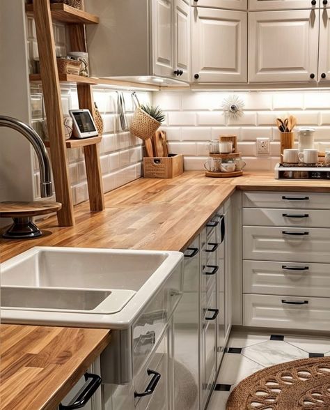 Kitchen Dark Wood, Warm White Kitchen, Farm Style Kitchen, Kitchen Dark, Wood Counter, Farm Style, Small Farm, Style Kitchen, Counter Tops