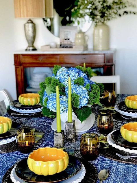 Blue and White Patchwork quilt Fall table setting Blue, Orange and Green Fall Table Setting Welcome to Our Fall Front Doors and Table Settings! - Classic Casual Home #blue #patchworkquilt #Fall #Tablesetting #Tablescape #curbappeal #Fallparties Blue And Green Table Setting, Fall Front Doors, White Patchwork Quilt, Green Table Settings, Fall Table Setting, Pumpkin Bowls, Rough Luxe, Marble Candle Holder, Marble Candle