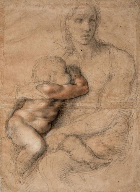 Michelangelo’s ‘Unfinished Cartoon for a Madonna and Child’ (1525-30). Michelangelo Paintings, Trois Crayons, White Gouache, Master Drawing, Drawing Studies, William Turner, Madonna And Child, Miguel Angel, Caravaggio