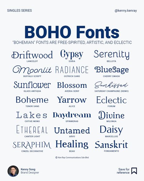 Kenny Song | Brand Designer | Boho fonts, short for “bohemian” fonts, are typically characterised by their free-spirited, artistic, and often slightly vintage aesthetic.… | Instagram Astrology Font, Vintage Aesthetic Instagram, Boho Lettering, Bohemian Font, Nature Font, Boho Fonts, White Lily Flower, Decorative Fonts, Blue Tattoo