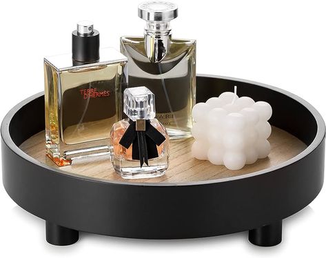 Hanobe Round Decorative Vanity Tray: Bathroom Perfume Trays Circle Pedestal Stand Wood Riser for Display Decor Dresser, Black : Amazon.co.uk: Home & Kitchen Vanity Tray Bathroom, Perfume Trays, Vanity Trays, Bathroom Vanity Tray, Wood Riser, Table Vanity, Foot Design, Black Tray, Perfume Organization