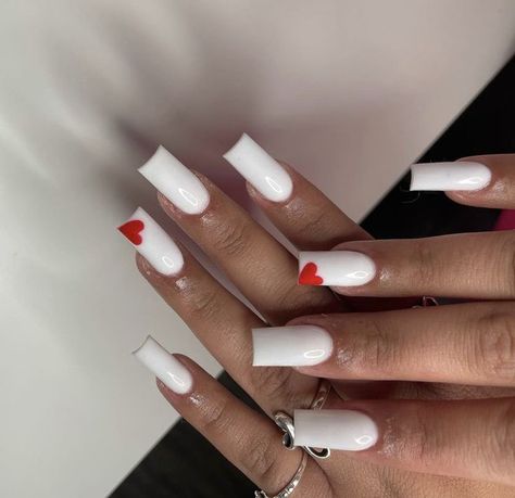 Love Heart Acrylic Nails, Birthday Nails Red And White, White Nails With Initial And Heart, White Nails With Red Heart, Short Acrylic Nails With Initials, Nails With Initials, Nails Long Acrylic, Acrylic Nails Long, Hope Tattoo