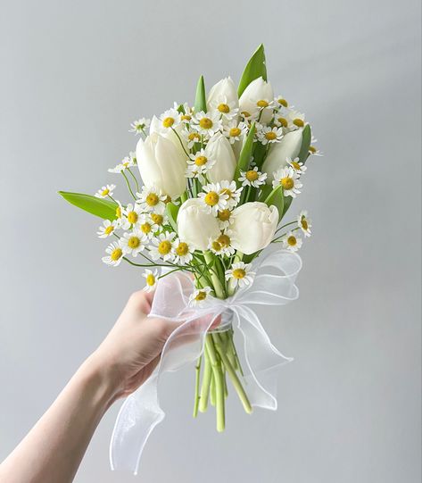 bouquet with white tulips and daisies, tied together with a tulle ribbon Tulips And Daisies, Daisy Bridal Bouquet, Tulip Bridal Bouquet, Daisy Bouquet Wedding, White Tulip Bouquet, Brides Flowers Bouquet, Small Bridal Bouquets, Small Wedding Bouquets, Wedding Flowers Tulips