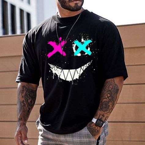 Smiley Print, Casual Summer Wear, Summer Graphic Tee, Mens Summer T Shirts, Casual Summer Tops, Tee Shirt Homme, Men's Graphic T Shirt, Pullover Designs, Casual Tee