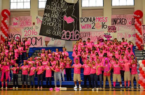 Pink Pep Rally                                                       …                                                                                                                                                                                 More Pink Out Pep Rally Ideas, Pink Out Game Posters, Senior Pep Rally Ideas, Pink Out Volleyball Game, Class Posters Pep Rally, Pink Out Pep Rally, Cheer Painting, Class Poster Ideas, Pep Rally Themes