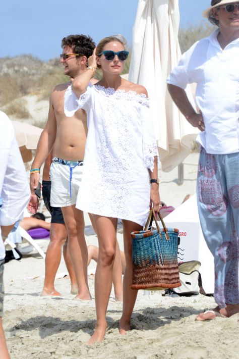 Hit the beach in style this season: Olivia Palermo in off the shoulder shift dress Swimsuit Coverup Ideas, Stylish Bathing Suits, Estilo Olivia Palermo, Olivia Palermo Style, Beachwear Collection, Trendy Swimwear, Bathing Suit Covers, Summer Theme, Bathing Suit Cover Up