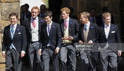 Thomas Van Straubenzee (L) accompanied by his groomsmen Harry Aubrey Fletcher (2nd L), Prince Harry (3rd L) and George Percy (6th L) walks to his wedding at St Michael's Church on June 22, 2013 in Alnwick, England. George Percy, Dunkirk Premiere, Harry Styles Suits, Harry Styles Hands, Royal Family Portrait, Harry Styles Gif, Harry Styles Hot, St Michael, Lake District