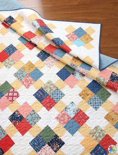 Prime Time quilt pattern by Andy Knowlton of A Bright Corner quilt blog - a cute quilt pattern for charm packs, layer cakes, fat quarters and has four size options 4 Patch Quilt Pattern Ideas Charm Pack, Charm Square Quilts Easy, King Quilt Pattern Free, Free King Size Quilt Patterns, Town Square Quilt Pattern Free, One Charm Pack Quilt Patterns Free, 4patch Quilts, 2.5 Inch Square Quilt Patterns, 5 Inch Charm Pack Quilt Patterns