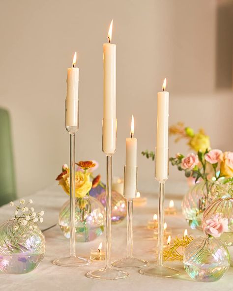 Glass Taper Candle Holders, Wedding Reception Tables Centerpieces, Reception Table Centerpieces, Festive Table Setting, Fake Candles, Party Table Centerpieces, Table Centerpiece Decorations, Christmas Events, Wedding Reception Tables