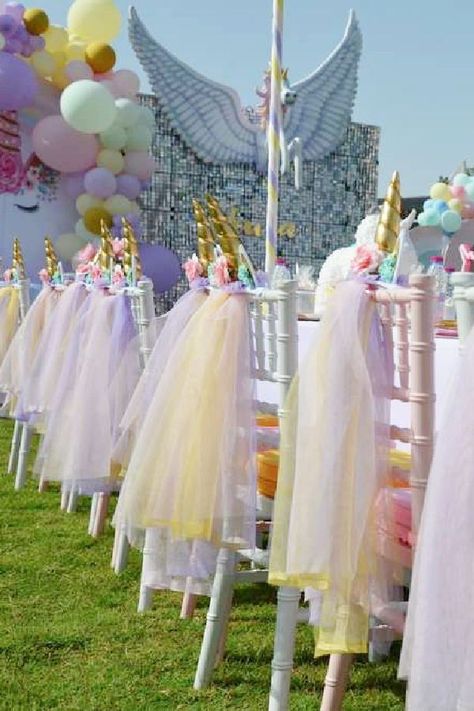 Take a look at this amazing unicorn birthday party! Love the chair decor! See more party ideas and share yours at CatchMyParty.com Unicorn Chair, Unicorn Birthday Party Ideas, Kids Party Inspiration, Birthday Aesthetic, Unicorn Themed Birthday Party, Unicorn Birthday Cake, Rainbow Unicorn Birthday, Birthday Unicorn