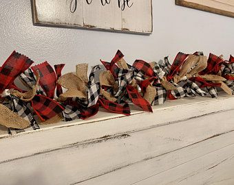 Rag Tie Garland, Farmhouse Garland, Buffalo Plaid Christmas Decor, Burlap Garland, Buffalo Plaid Christmas Tree, Rag Garland, Plaid Christmas Decor, Pumpkin Garland, Christmas Mantle Decor