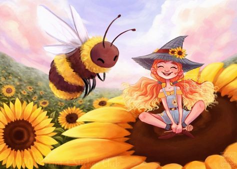 Sunflower Fields 🌻🐝🌻 Izzy and one of her bees! I had a lot of fun with this one and painted a detailed background for the first time in a… Sunflower Field Illustration, The Beekeeper, Detailed Background, Witch Characters, Witch Art, Print Wall Decor, Sunflower Fields, Art Print Wall, Freelance Illustrator