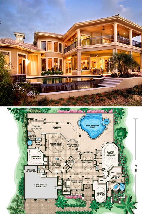 Stunning backyard with a Mediterranean style exterior and architecture design, plus pool! This large 2 story modern Mediterranean house plan has 5 bedrooms and 5.5 bathrooms. Mediterranean homes interior await! Get the full floor plan, & blueprint layout of this under 7000 sq ft luxury Florida home at https://www.architecturaldesigns.com/house-plans/mediterranean-dreamscape-66020we?cjevent=4f296bbf9e1d11ea8155099d0a18050d #blueprint #floorplan #2story #twostory House With Pool Floor Plans, Bathrooms Mediterranean, 7000 Sq Ft House Plans, Simple Beach House Plans, Modern Beach House Plans, Simple Beach House, Mediterranean Floor Plans, Beach House Flooring, Beach House Floor Plans