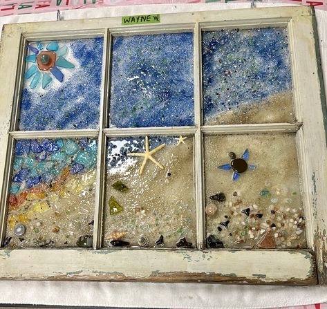 Resin Window Art, Resin Window Art Diy, Resin Over Glass Mosaic, Mosiac Art On Old Windows, Old Window Art, Sea Glass Window Art Resin, Window Crafts, Resin Art Painting, Glass Window Art