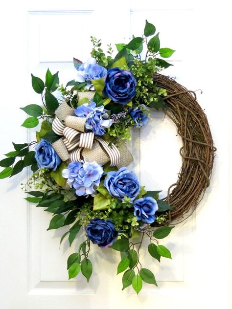 Front Door Blue, Blue Floral Wreath, Round Wreaths, Wreaths Summer, Wreath Inspiration, Front Door Spring, Everyday Wreaths, Fun Wreath, Diy Spring Wreath