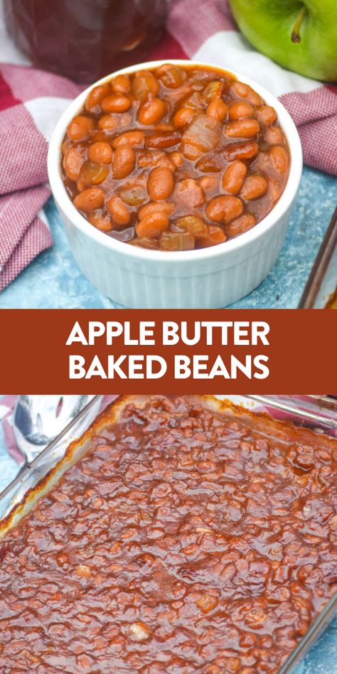 Apple butter baked beans give the classic barbecue side dish a seasonal update. This recipe is perfect for tailgating, game day and fall potlucks! #sides #recipe Side Dishes For Groups, Easy Fall Side Dishes For A Crowd, Fall Potluck Side Dishes, Fall Cookout Side Dishes, Tailgate Side Dishes, Fall Side Dishes For A Crowd, Bbq Sides For A Crowd, Fall Potluck Dishes, Fall Cookout