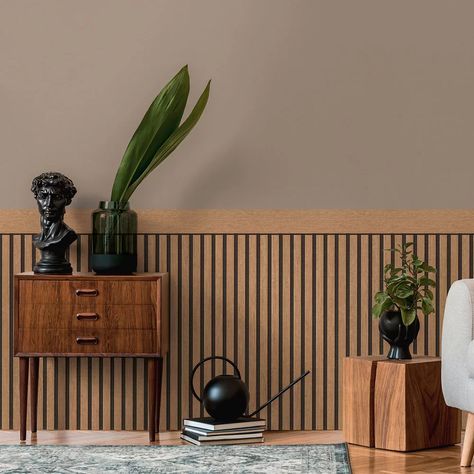 Discover endless ways to create ontrend looks with this innovative dado panel. To create the appearance of natural wood panelling this wallpaper is hung on the lower part of the wall and measures 1.6m height replicating a real panelled finish. Supplied in 5m rolls which can be joined seamlessly around the room. Small Room Wood Panelling, Wood Panelling Hallway, Office With Wood Paneling, Bedroom Wood Panelling, Dining Wall Panelling, Office Panelling Design, Wooden Wall Panelling Design Living Room, Wooden Panels Walls, Hallway Wood Panelling