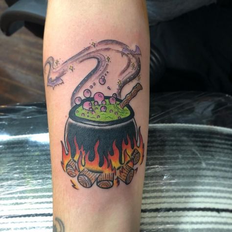 created by Tiny Tina @ west bottoms tattoo kc mo Couldren Tattoo, Cauldron Tattoo, Fall Tattoos, Teapot Tattoo, Cupcake Tattoos, Best Cover Up Tattoos, Halloween Cauldron, Autumn Tattoo, Tiny Tina