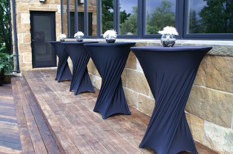 Cocktail Table Spandex Cover Decor, All Black Cocktail Party Decor, Black Cocktail Table Decor, High Top Table Centerpieces, Corporate Cocktail Event Decor, High Top Table Decor, Corporate Cocktail Event, Inauguration Decoration Ideas, Black Cocktail Table