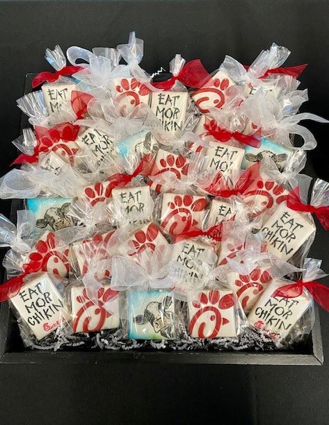 Chick-fil-A Decorated Cookies #lettieslaboroflove #chickfilacookies #cowcookie #eatmorchikin #chickfila #logocookie #ediblemarker #lusterdust #chickfilaparty Chickfila Party, Chick Fil A Birthday Party Theme, Eat Mor Chikin, Cow Cookies, First Birthday Party Themes, Birthday Food, Chick Fil A, Bridal Shower Theme, Decorated Cookies